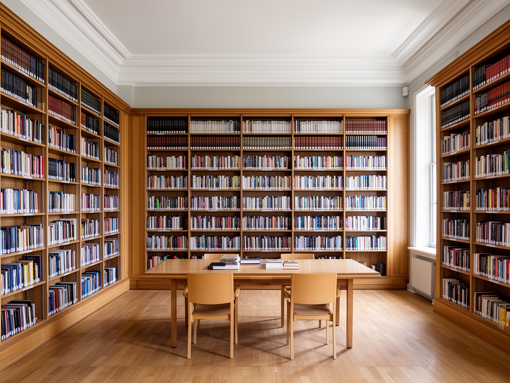 Salle de lecture d'une grande bibliothèque ancienne avec des étagères en bois sombre remplies de livres, une lumière chaude dorée émanant de lampes de bureau, et une ambiance feutrée propice à l'étude et à la réflexion