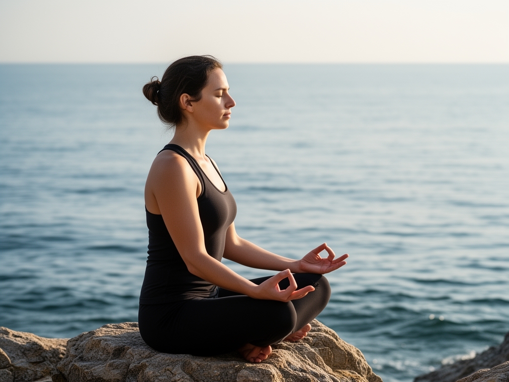 Personne assise paisiblement dans une posture de méditation au bord d'un lac entouré de montagnes verdoyantes, dans un cadre naturel serein